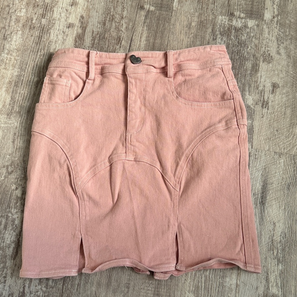 Pink Denim Skirt with Heart Button